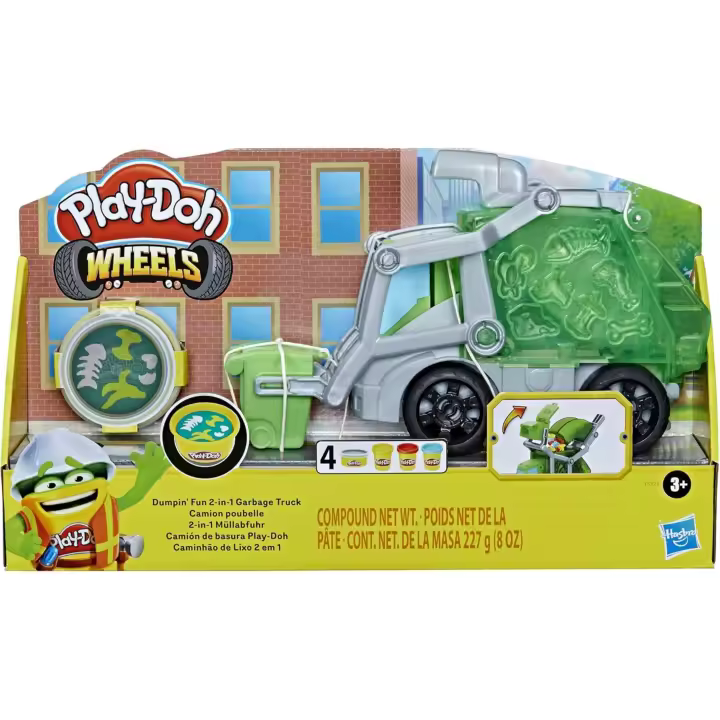 HASBRO - Camión de basura Play-Doh - Incluye 3 botes de plastilina azul, amarilla y roja - Moldea - Compacta y ponlo en la bolsa - Mayores de 3 años - 1
