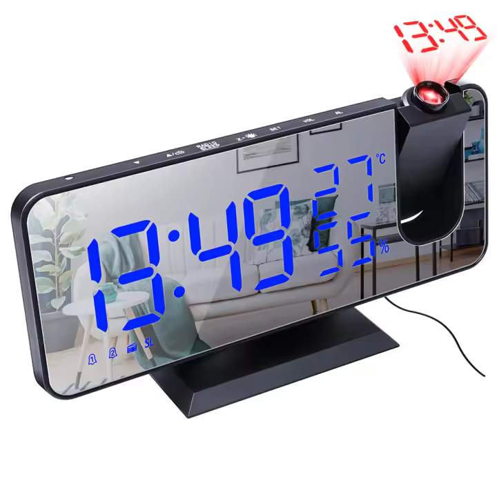 Despertador Digital LED, proyección de Radio con temperatura, humedad, Reloj de Espejo, Pantalla de Hora de cabeza multifuncional, Mesa de Color - 1