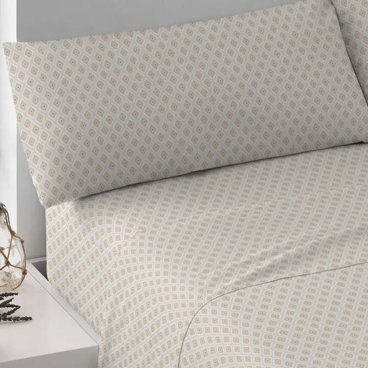 Jogo de Lençóis 100% Algodão Brunette Malva con Diseño de Losangos Verdes y Blancos, Ideal para Colorear y Renovar tu Dormitorio con un Estilo Sencillo y Combinable. Disponibles para Camas de 135cm, 1