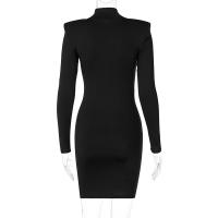 Vestido Mini De Manga Larga Para Mujer En Color Negro Sólido Estilo Bodycon Ajustado Para Primavera/Otoño Ropa De Calle - details 14