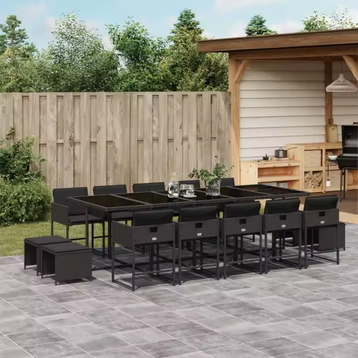 vidaXL Set comedor de jardín con cojines 15 pzas ratán sintético negro - 1