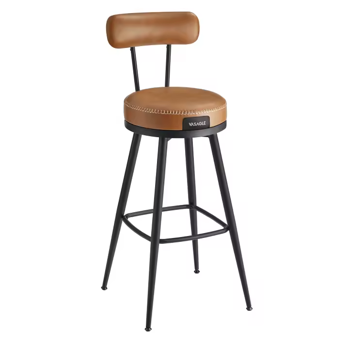 VASAGLE EKHO Colección - Juego de 2 Taburetes de Bar, Sillas Giratorias de Barra con Respaldo, Cuero Sintético con Costuras, Moderno Siglo Medio, Altura 76 cm, Barra Cocina, Negro Tinta/Marrón Caramelo - 1