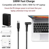 Cable De Carga USB C a 4.5mm Para Portátiles 100W PD Tipo C a DC 4.5x3.0mm Suministro De Energía Para HP Notebooks Stream 11 13 14 15 Y Más - details 1