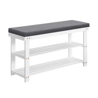 Banco zapatero de bambú blanco de 2 niveles, acolchado gris para sentarse, organizador estable para zapatos, soporta hasta 136 kg, ideal para entrada y sala de estar - details 0