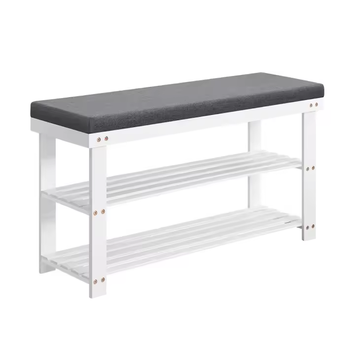 Banco zapatero de bambú blanco de 2 niveles, acolchado gris para sentarse, organizador estable para zapatos, soporta hasta 136 kg, ideal para entrada y sala de estar - 1