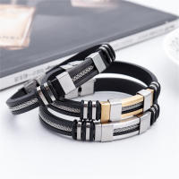 Pulsera De Silicona Punk Trendy Impermeable Para Hombre Con Diseño De Grooved Rudder Pulsera De Acero Inoxidable Casual Black Wristband - details 0