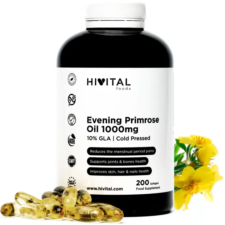 Aceite de Onagra 1000 mg con 10% Omega 6 GLA  200 perlas de Aceite Natural Prensado en frio (Más de 6 meses de suministro). Hivital - 1