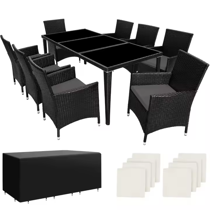 Tectake - Conjunto de ratán y aluminio MENORCA, Las cómodas sillas y la elegante mesa invitan a pasar agradables momentos a su alrededor, 8 sillas + 1 mesa, Incluye 2 fundas intercambiables + funda protectora, incluye tuercas de acero inoxidable - 1