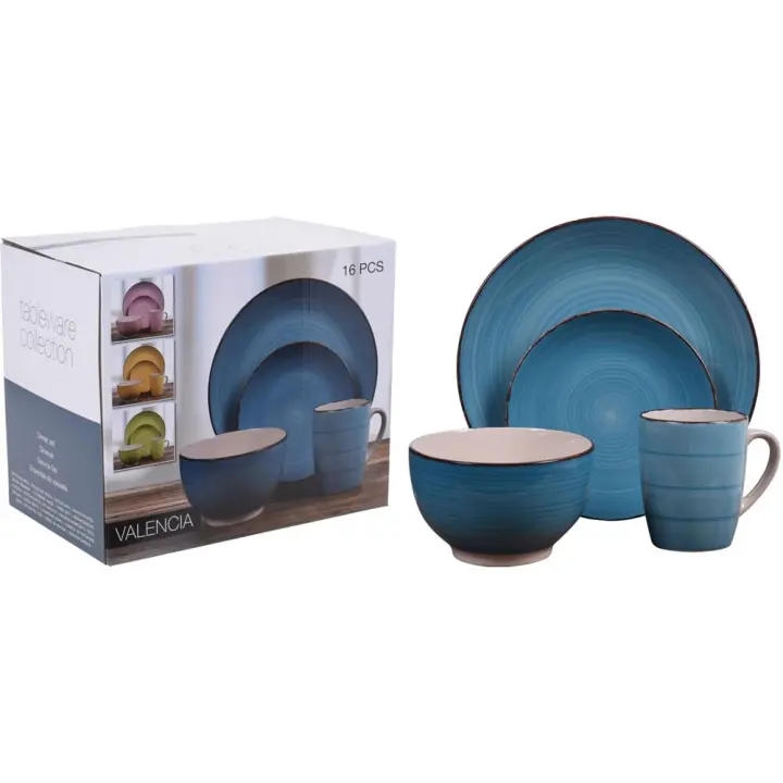 Vajilla Loza Valencia Azul 16 Piezas - Gres de Alta Calidad TABLEWARE - 1
