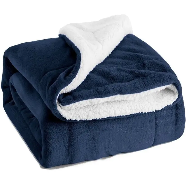 Manta Sherpa de Lana a Cuadros, Manta para Cama individual de 150x200, Azul Marino, Manta de sofá de Cuero, Manta de sofá reversible - 1