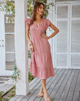 Vestido Largo Medio De Verano Para Mujer Con Manga Volante Y Cuello V Estilo Casual Suelto A-Line Sin Capucha Material Viscosa Y Poliéster - details 10