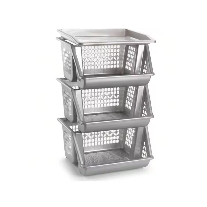 MAXHOME-Verdulero apilable Modelo PLFT Color Blanco 3 cestas, 62 x 38 x 29 cm. Cestas portaobjetos apliables, estantes Multiusos para organizar los Espacios domésticos - 1