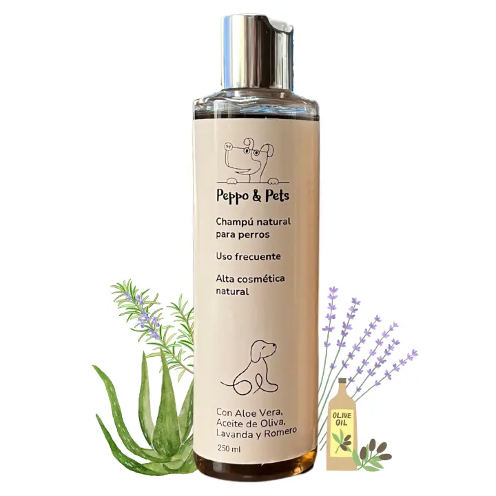 Peppo and Pets-Champú Natural para perros-250 ml-Libre de sulfatos, parabenos y siliconas-Apto para Cachorros y Pieles sensibles-con Aloe Vera, Lavanda, Romero y Aceite de Oliva ecológico - 1