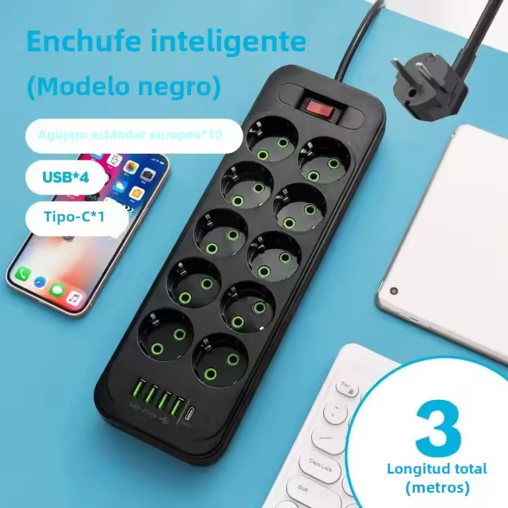 2M Regleta de corriente alterna con enchufe europeo, cable de extensión multitoque, enchufe eléctrico con 4 puertos USB, carga rápida, filtro de red multifunción - 1