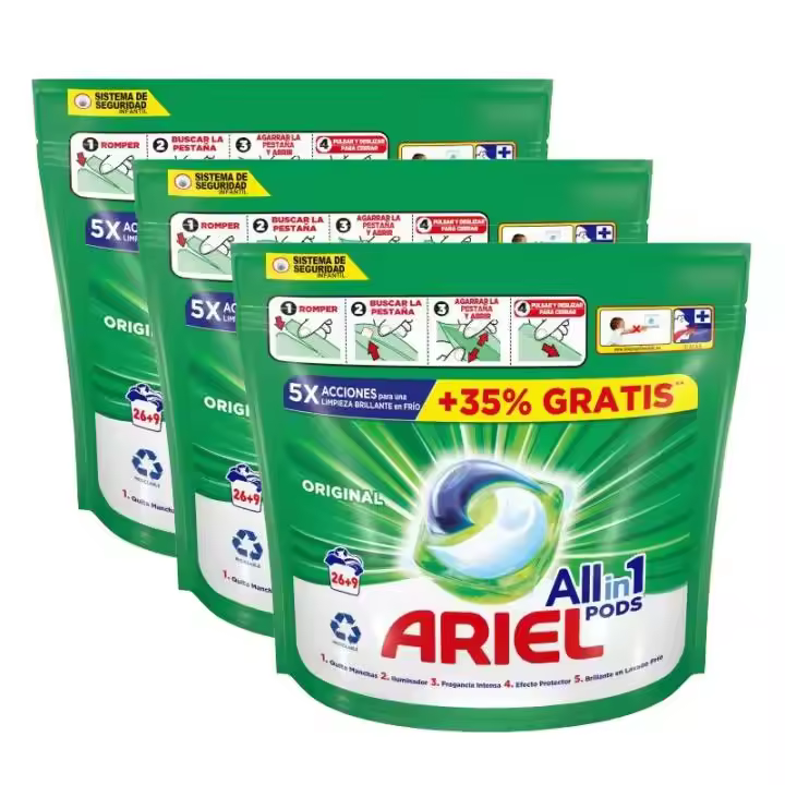 Ariel All-in-1 Pods Detergente Líquido – Pack de 3 De 26+9 (Total 105 Cápsulas x 35 g = 1995 gramos) | Limpieza Profunda, Fácil Dosificación, Para Lavadora - 1