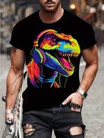 Camiseta De Verano Cómoda Y Estirable Con Diseño De Dinosaurio Usando Auriculares Para Hombres Estilo Casual Sin Capucha Lavable a Máquina - details 7