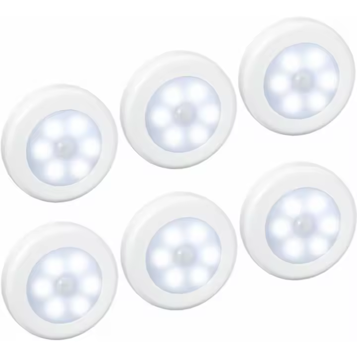 (paquete de 6) luces LED con sensor de movimiento, luz para armario, funciona con pilas (no incluidas), luz LED para escaleras, armarios, armarios, fácil instalación (blanco) - 1