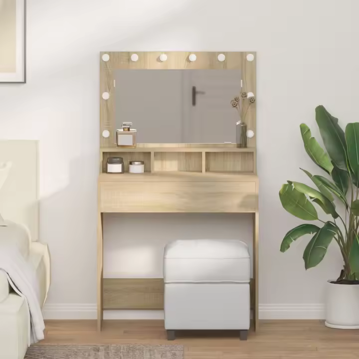 Mesa de Maquillaje vidaXL con Luces LED Roble Sonoma 79x41x135 cm - 1