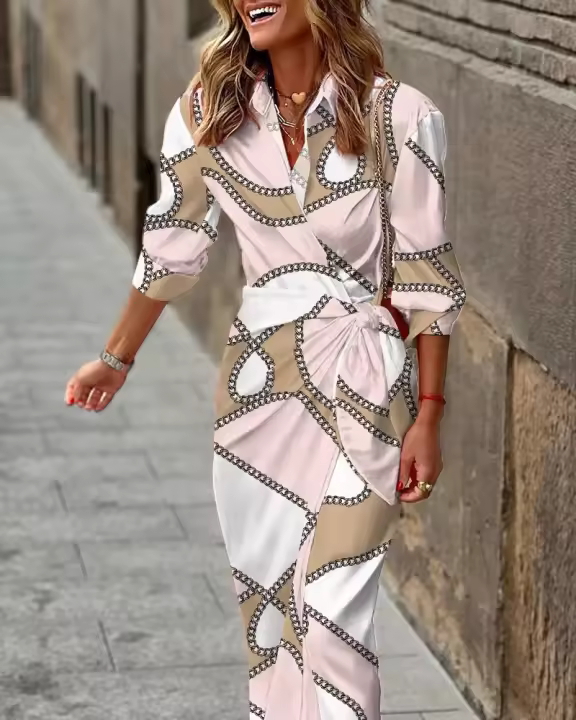 Nuevo Vestido Casual Para Mujer Con Manga Larga Y Cuello En V Estampado Primavera Verano Cardigan Monofásico Ajuste Regular Largo Hasta El Tobillo Polyester Oficina Lady - 1