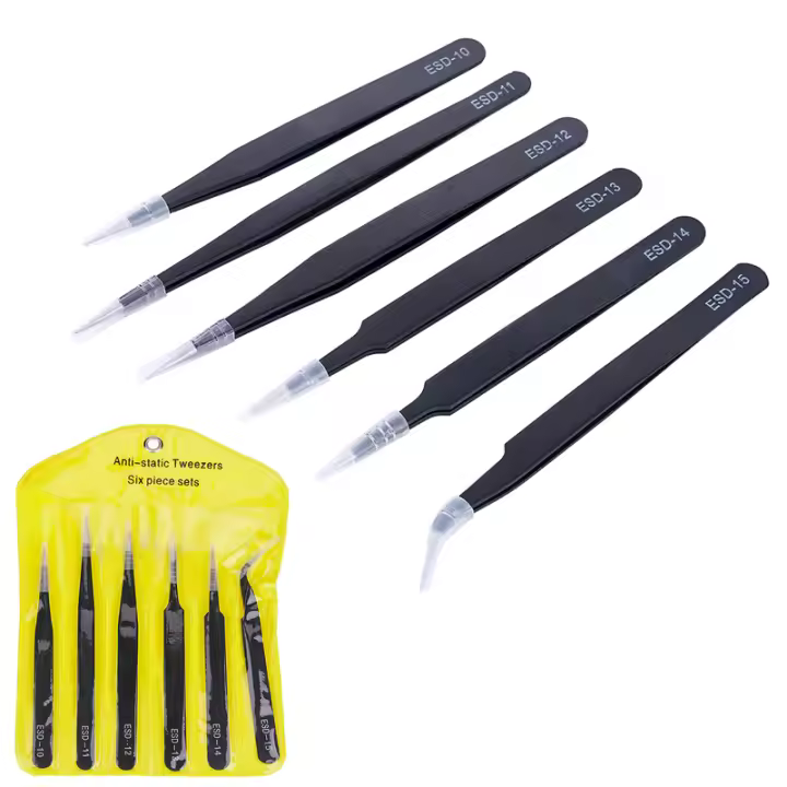 Set De 6 Pinzas De Precisión ESD Antiestática De Acero Inoxidable Herramientas De Reparación Para Electrónica Soldering Y Artesanía - 1