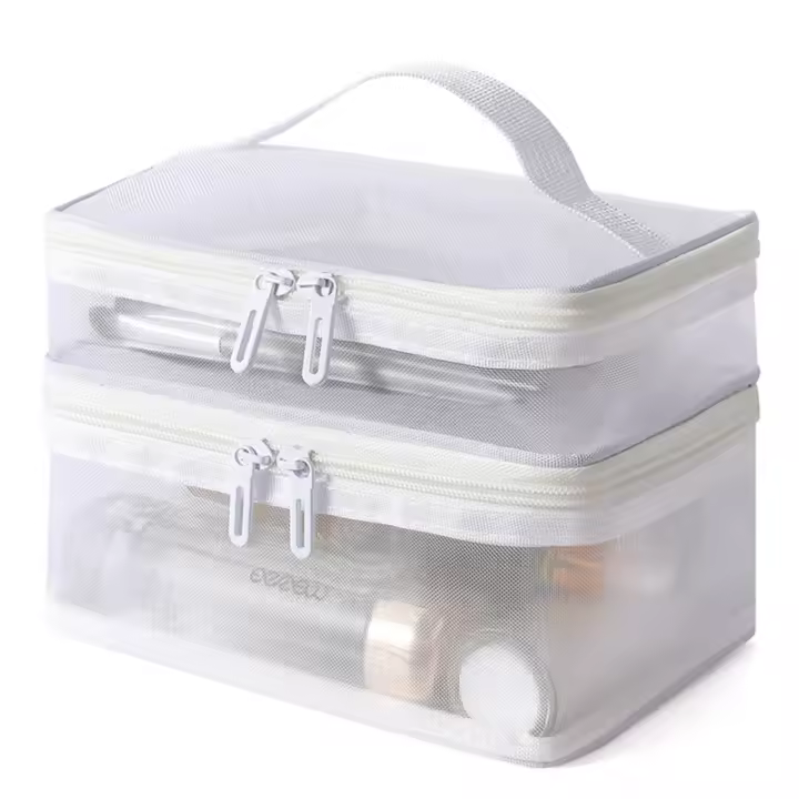 Bolso De Viaje Organizador De Maquillaje 2 Capas Transparente Plegable Con Malla Y Cierre De Cremallera Gran Capacidad Para Kit De Limpieza 2024 - 1