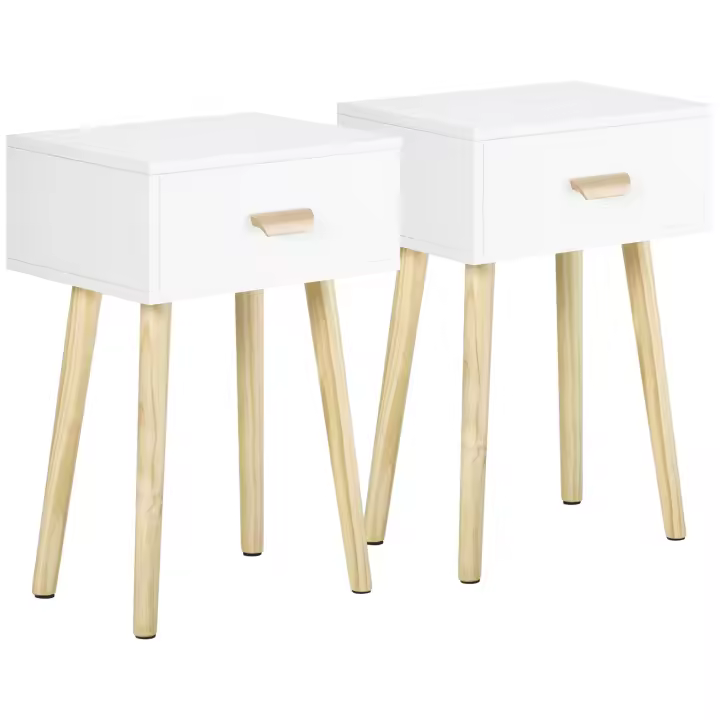 HOMCOM Juego de 2 Mesitas de Noche Mesillas de Noche con Cajón y Patas de Madera para Dormitorio Salón Cama Oficina Estilo Moderno 40,5x30,5x60 cm Blanco - 1