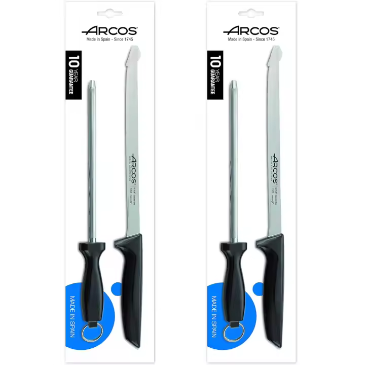 ARCOS Niza - Set Cuchillo Jamonero (230 mm) + Chaira (200 mm) - Hoja de Acero Inoxidable Nitrum® - Mango Negro de Polipropileno (PP) - 136700 - PACK 2 - 1