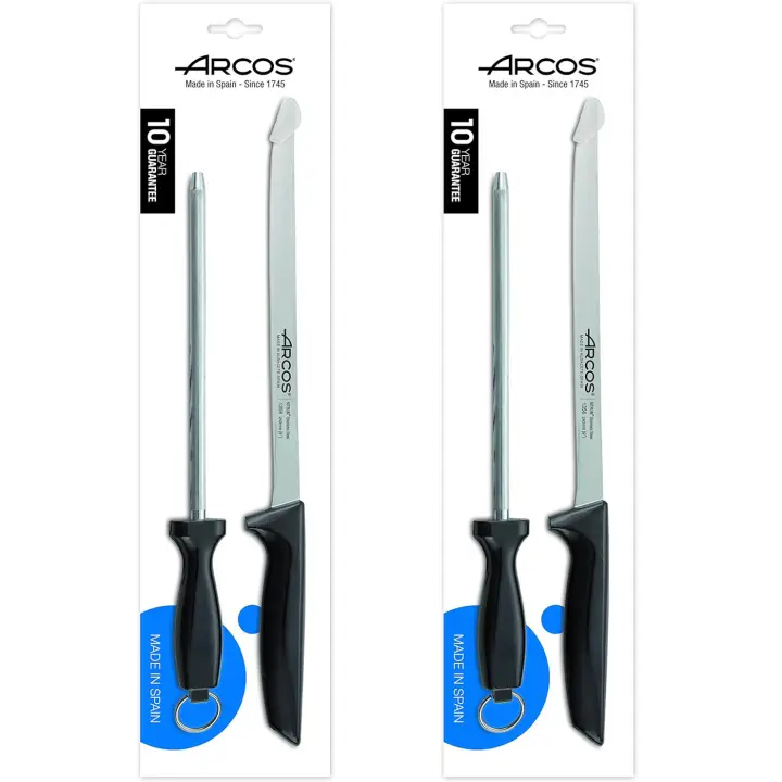 ARCOS Niza - Set Cuchillo Jamonero (230 mm) + Chaira (200 mm) - Hoja de Acero Inoxidable Nitrum® - Mango Negro de Polipropileno (PP) - 136700 - PACK 2 - 1