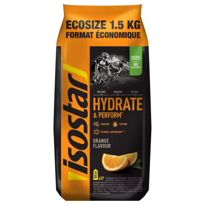 Isostar  Hydrate & Perform, Preparado de Bebida Electrolítica Isotónica para Optimizar el Rendimiento Deportivo, Contiene Electrolitos y Carbohidratos para una Reposición Rápida de Energía, Sabor Naranja- 1.5 kg, 37 Raciones - 1