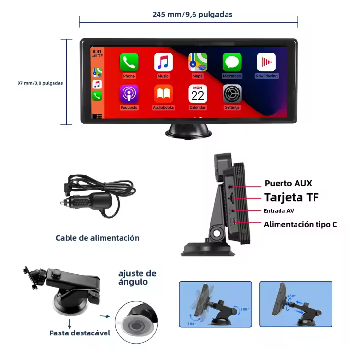 Reproductor Multimedia Para Coche Universal Pantalla Táctil De 10.26'' WiFi Bluetooth Carplay Soporte Android Y Apple Con GPS Y Función De Retroceso - 1
