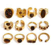 Encanto Anillos de piedra Natural ovalados de acero inoxidable con placa dorada, aro de dedo redondo geométrico para mujer, regalos de joyería Vintage simples y creativos - details 7