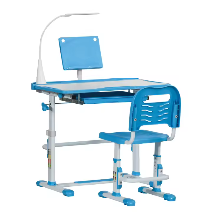 HOMCOM Juego de Escritorio y Silla para Niños de +6 Años Pupitre Infantil con Altura Ajustable Mesa Inclinable Cajón Lámpara LED y Portalápices 80x49,5x82-104 cm y 35,5x43,5x63-73 cm - 1