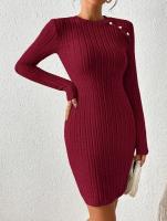 Vestido De Punto De Manga Larga Con Cierres En Los Hombros Y Cuello Redondo De Color Sólido Para Mujer Estilo Casual De Temporada Otoño/ Invierno - details 2