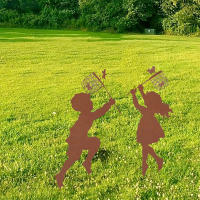 Decoración De Jardín Campestre Encantadora 1pc Silueta De Niño Y Niña Arte Metálico Para Agregar Un Toque De Encanto Y Divertimento - details 2
