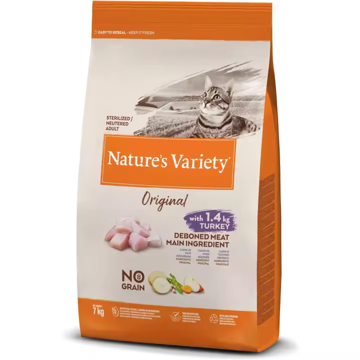 Nature's Variety Original No Grain, Pienso para Gatos Adultos Esterilizados, Sin cereales, con Pavo deshuesado, 7kg - 1