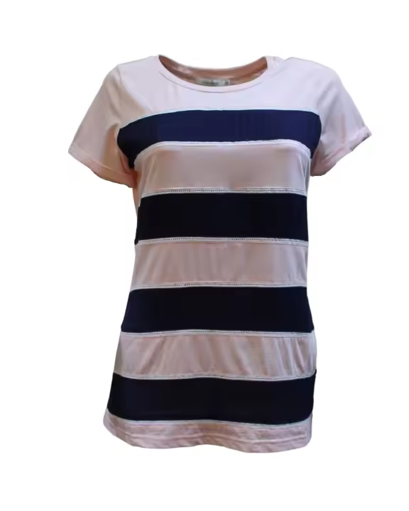 Playera mujer camiseta casual rayas horizontales textura suave algodón manga corta cuello redondo rosa claro talla 38 fresca versátil combina jeans moda urbana outfit diario ✅Entrega 24/48h - 1