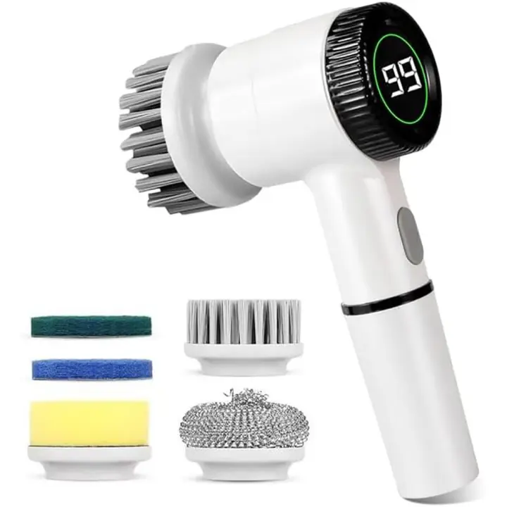 Cepillo de limpieza eléctrico con 3 velocidades, limpiador giratorio inalámbrico con pantalla LED, 5 cabezales de cepillo reemplazables, limpiador eléctrico impermeable para baño, cocina, suelo - 1