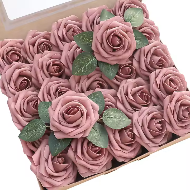 25pcs Flores Artificiales De Rosas Rosa Polvo Con Ramas Para DIY Arreglo De Novia Showers Centros De Mesa Decoración De Hogar - 1