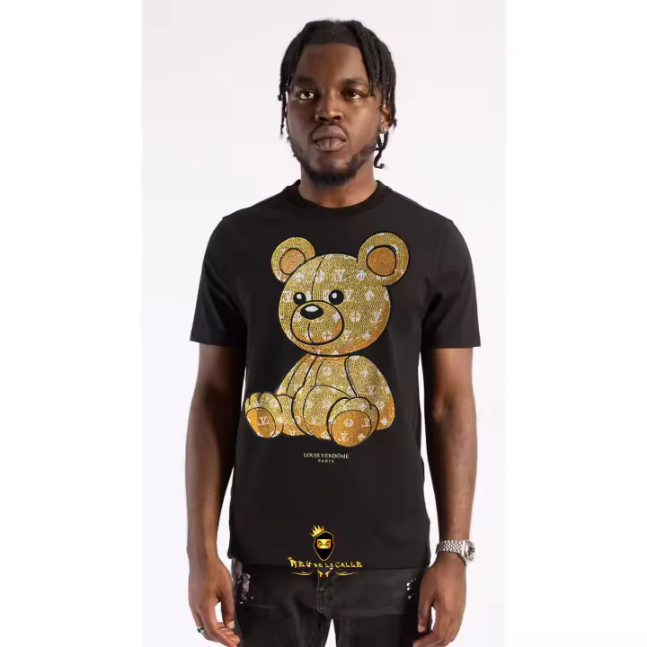 Camiseta  Louis V Negra Pedrería Brillante Oso Dorado - 1