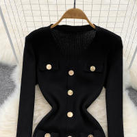 Vestido Midi De Punto REALEFT Para Mujer Con Cuello En V Manga Larga Y Falda Frontal Solta Estilo Casual Color Sólido Otoño Invierno - details 32