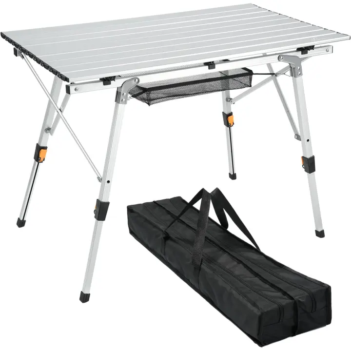 Mesas de camping que se pliegan ligeras, mesa plegable de aluminio de altura ajustable con capa superior de malla, mesa de camping enrollable para campamento al aire libre, picnic, playa, - 1