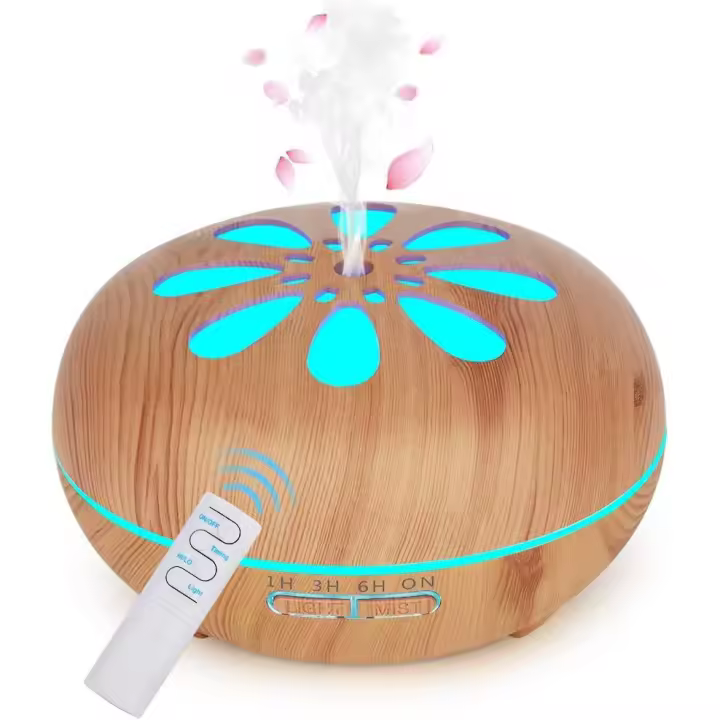 Humidificador ultrasónico aromaterapia 550ml, Perfume Nebulizador para aceites Esenciales con 7 Colores LED Silencioso para yoga, Madeira - 1