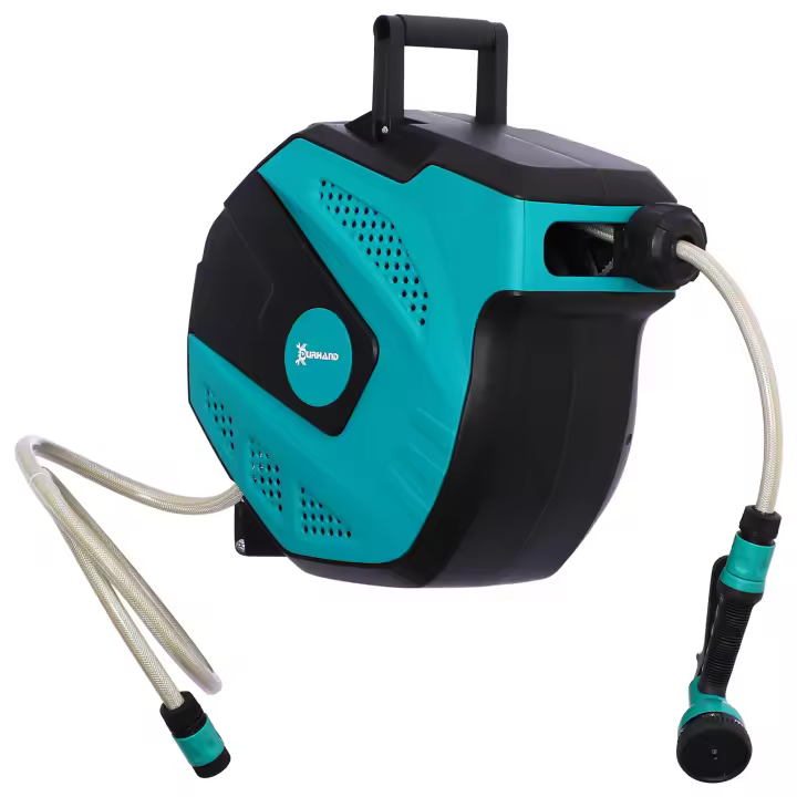DURHAND Portamangueras de pared, enrollador de mangueras, giratorio 180° con ducha múltiple, protección contra heladas -5–45 °C, plástico, verde + negro, 15 m - 1