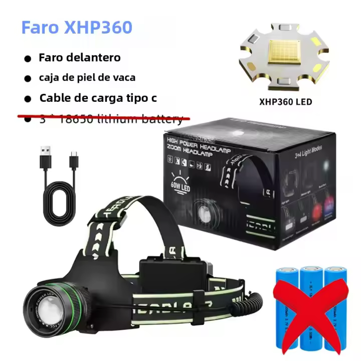Linterna Frontal LED Super Potente XHP360 Recargable Tipo-C Con Sensor De Gestos Y Visión Infrarroja Para Camping Pesca Al Aire Libre - 1
