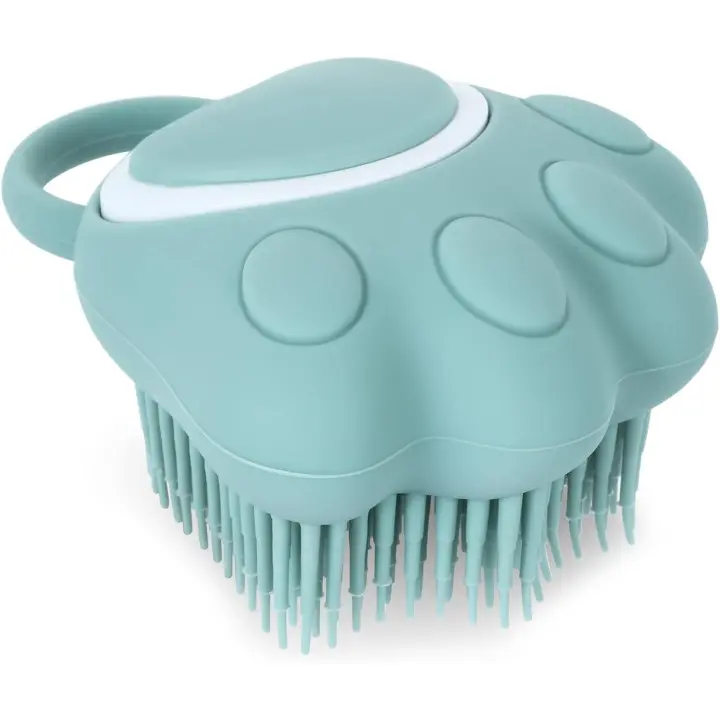 Cepillo de Baño para Perros y Gatos, Dispensador de Champú de Silicona, Suave Cepillo de Ducha para el Lavado de Mascotas de Pelo Corto y Largo (Azul en forma de pata) - 1