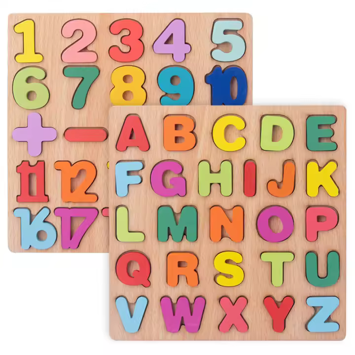 Tablero De Madera Educativo Para Niños Con Alfabeto Numeros Y Formas 3D Juguete Montessori Regalo Para Escuela Preescolar - 1