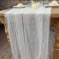 1pc Corredor De Mesa De Perla Blanca En Malla Para Boda Y Fiestas Decoración De Velo De Novia Antiarrugas Para Mesa De Postres - details 2
