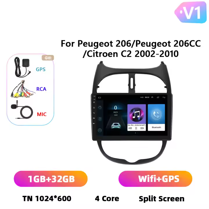 Podofo Radio de coche Android 2 Din para Peugeot 206 206CC Citroen C2 2002-2010 Carplay 8+128GB AI Voice WIFI+4G DSP GPS Navegación Multimedia Reproductor de Video - 1