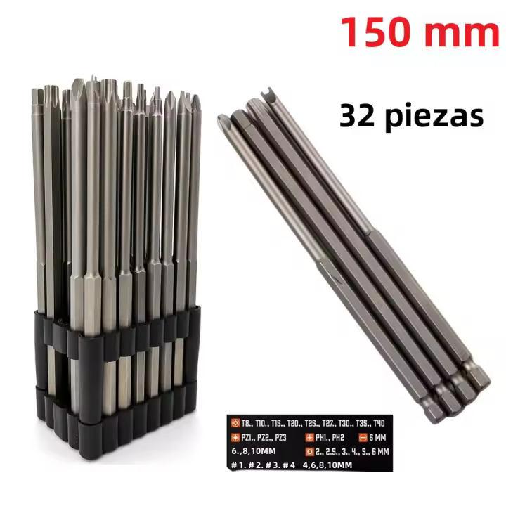 Juego De 32 Brocas Extensas De Acero De Aluminio Larga 150mm Torx Ajustable Fijador De Destornillador Para Phillips Hexagonal Y Perforadora - 1