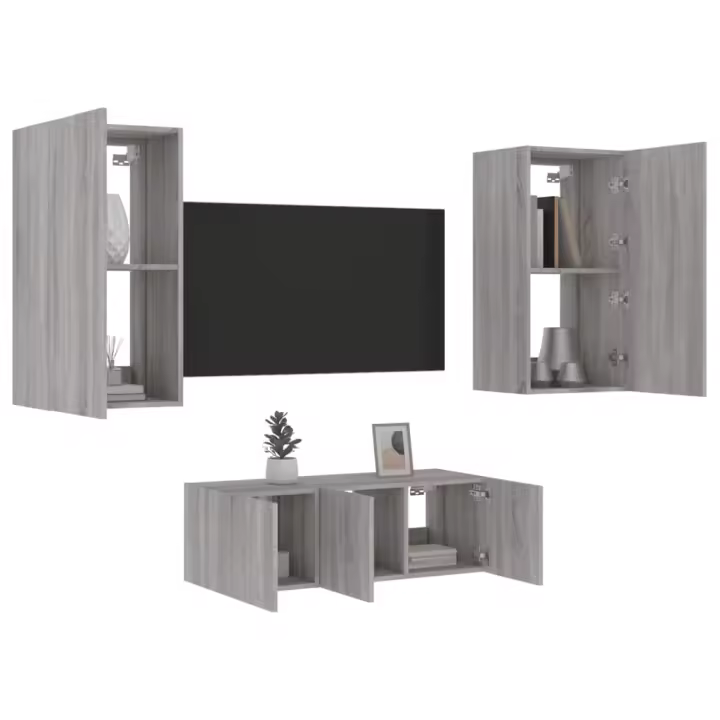 vidaXL Muebles TV pared con LED 4 pzas madera ingeniería gris Sonoma - 1